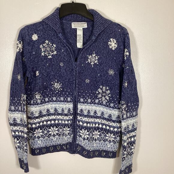 Tiara International Vintage Holiday Sweater Zip Up Snowflakes Beaded Medium Xmas - Picture 5 of 5